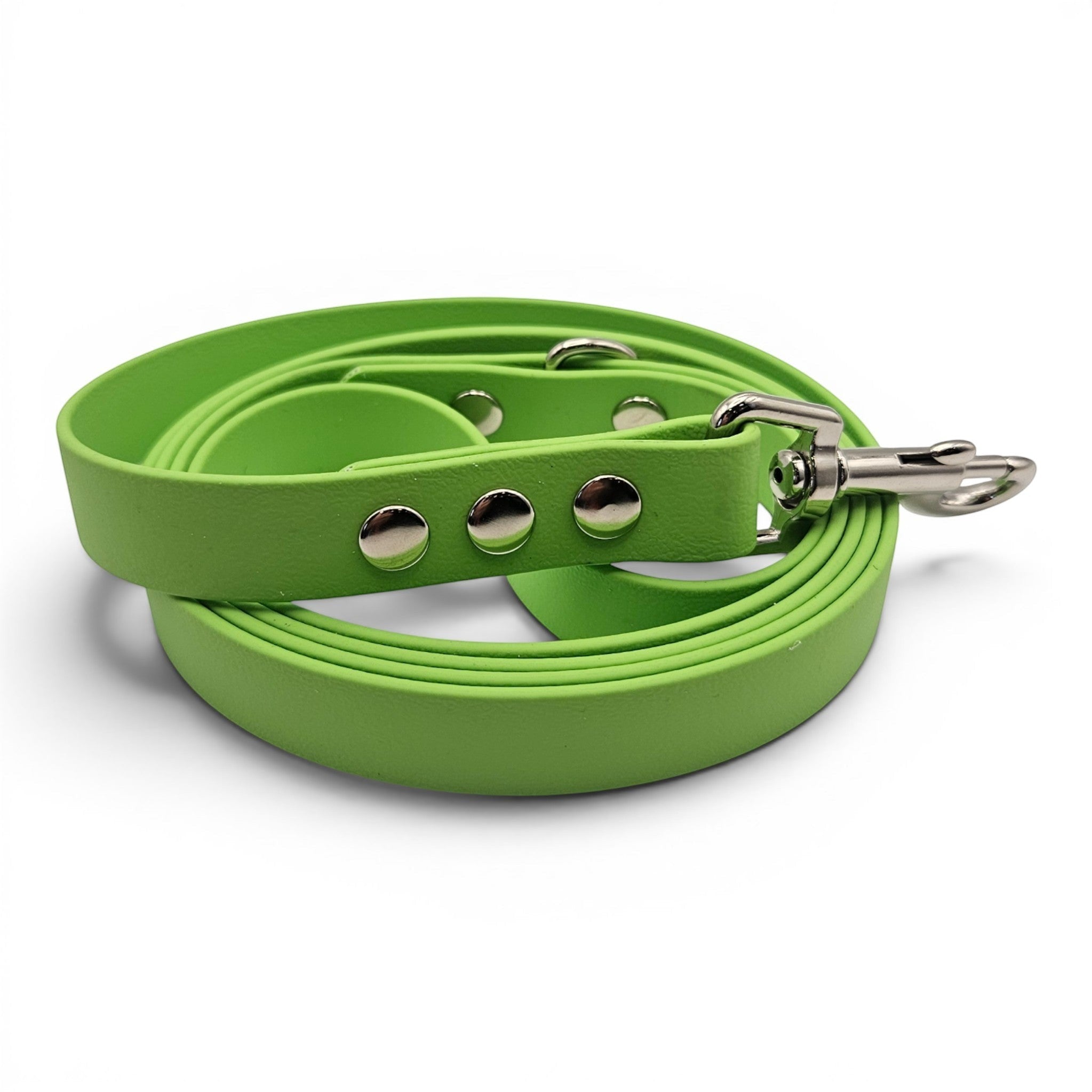 Ponies and Pups lime green BioThane dog lead, waterproof and stink-proof, 150cm length, silver hardware.