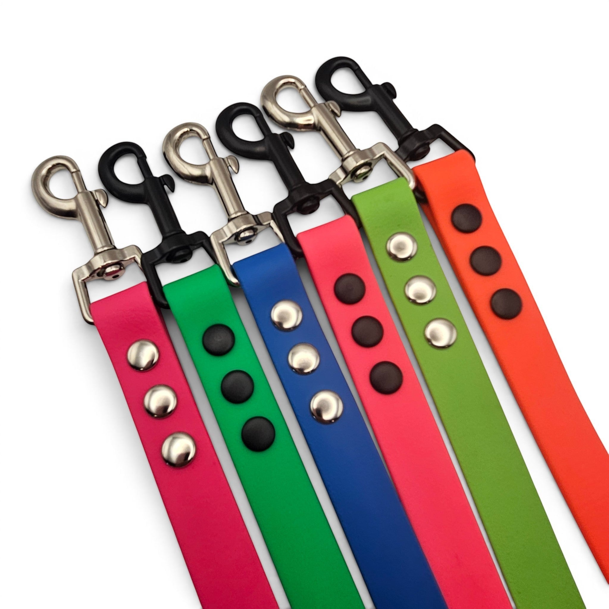 Ponies and Pups BioThane dog leads in pink, green, blue, and orange with silver and black hardware.