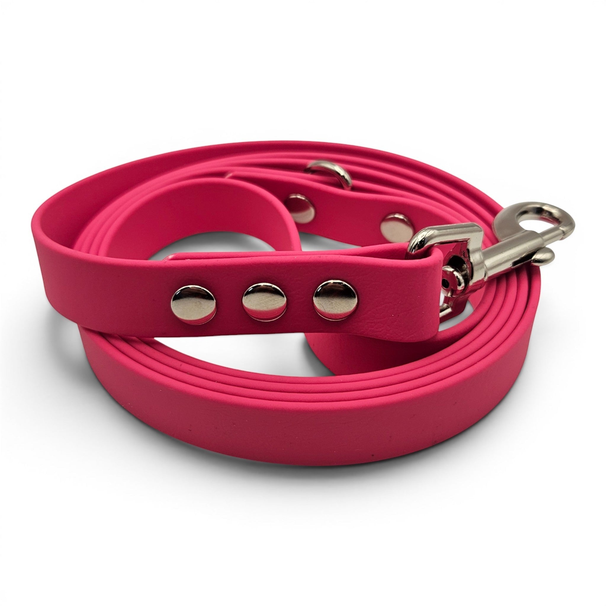 Ponies and Pups bright pink BioThane dog lead, waterproof and stink-proof, with silver hardware.