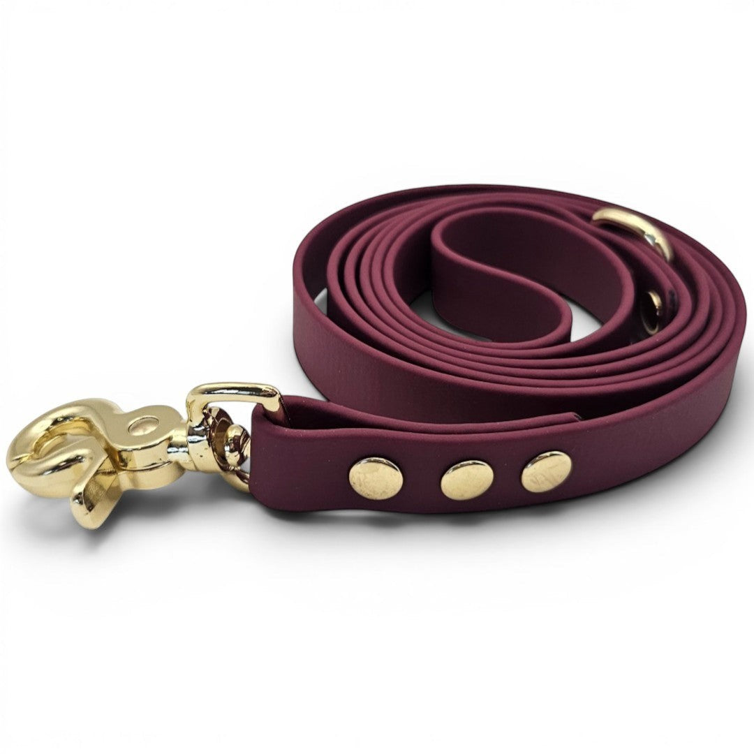 Ponies and Pups BioThane dog lead in deep plum with gold hardware. Waterproof and stink-proof.