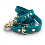 Ponies and Pups teal BioThane dog lead with gold hardware. Waterproof, stink-proof, and handcrafted.