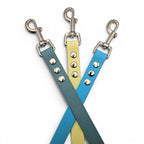 Ponies and Pups BioThane dog leads in teal, yellow, and blue with silver clasps. Waterproof and durable.
