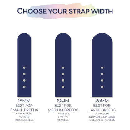 Ponies and Pups BioThane dog lead width guide: 16mm for small breeds, 19mm for medium, 25mm for large.