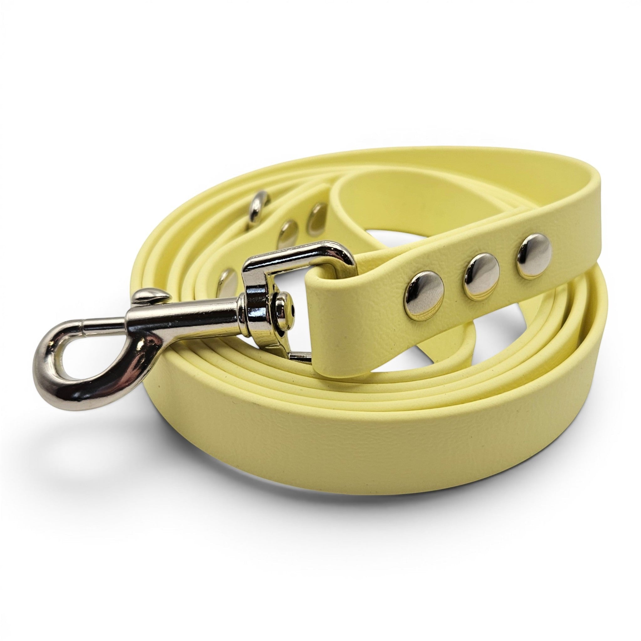 Ponies and Pups pale yellow BioThane dog lead with silver hardware, waterproof and stink-proof.