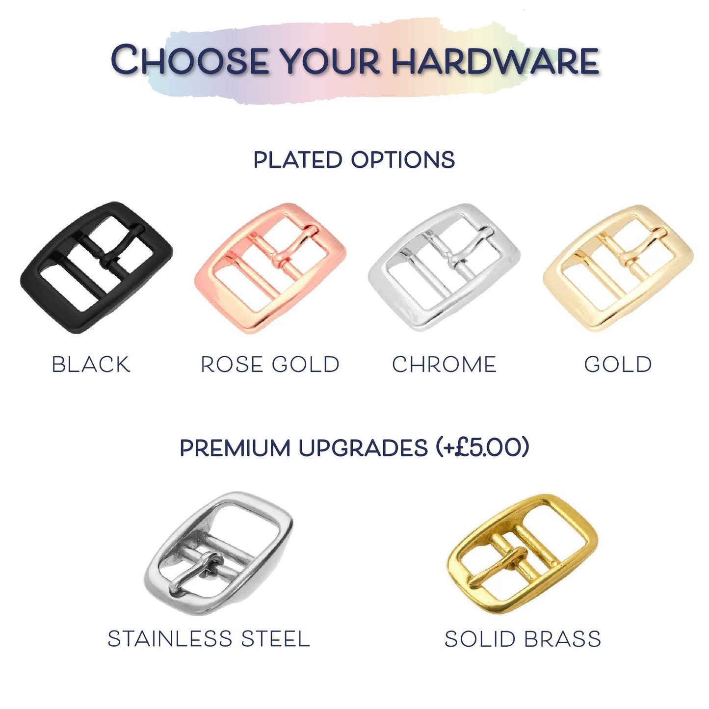 Ponies and Pups BioThane adjustable neck strap hardware options: black, rose gold, chrome, gold, stainless steel, and solid brass buckles.