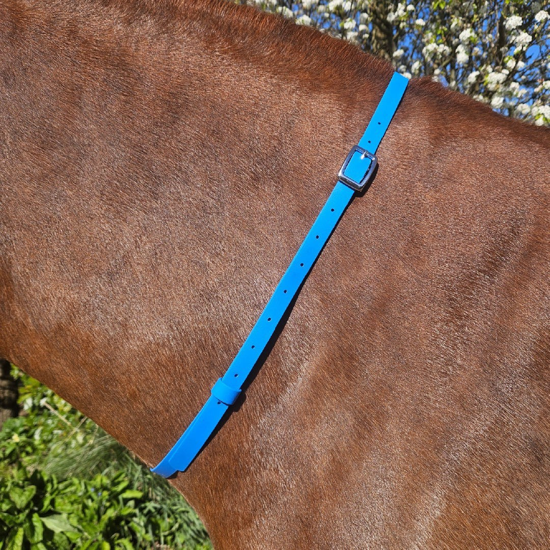 Ponies and Pups bright blue waterproof BioThane adjustable horse neck strap with silver buckle.