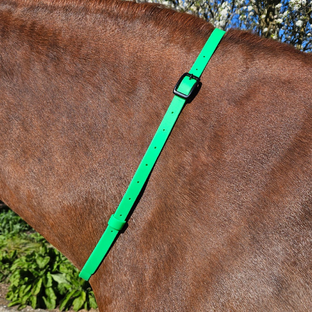Ponies and Pups bright green BioThane adjustable horse neck strap with black buckle, waterproof and durable.