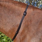 Ponies and Pups black BioThane adjustable neck strap on a brown horse. Waterproof and stink-proof.