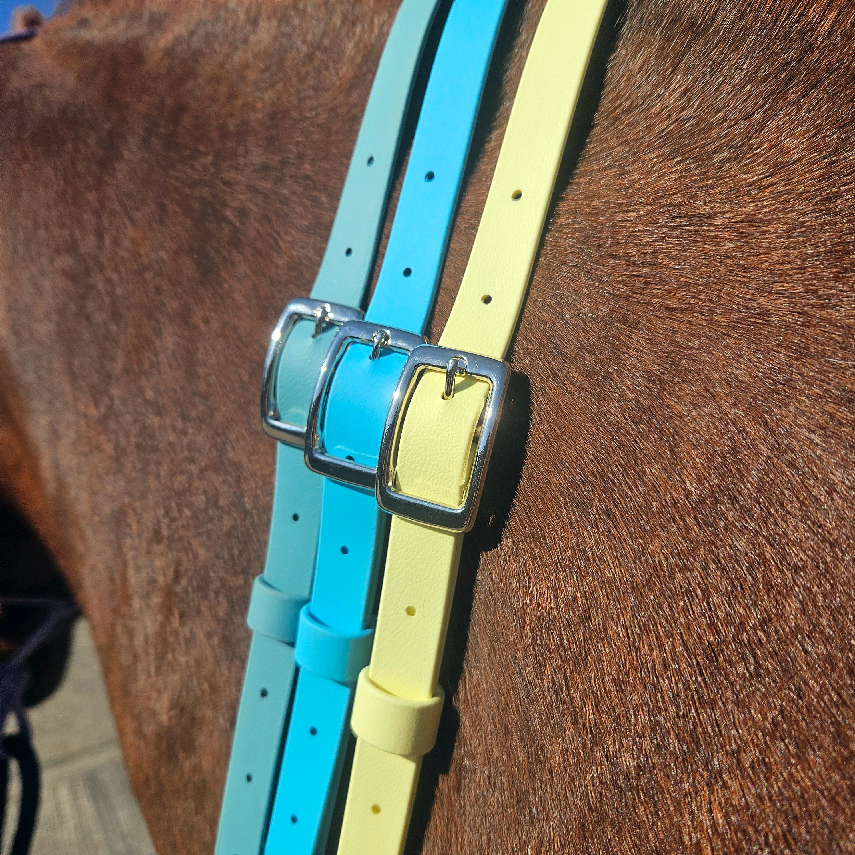 Ponies and Pups BioThane adjustable neck straps in seafoam, sky blue, and pale yellow with silver buckles on a horse.