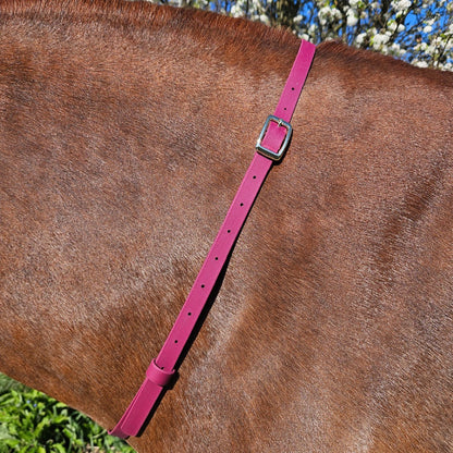 Ponies and Pups waterproof BioThane adjustable neck strap in magenta on a brown horse.