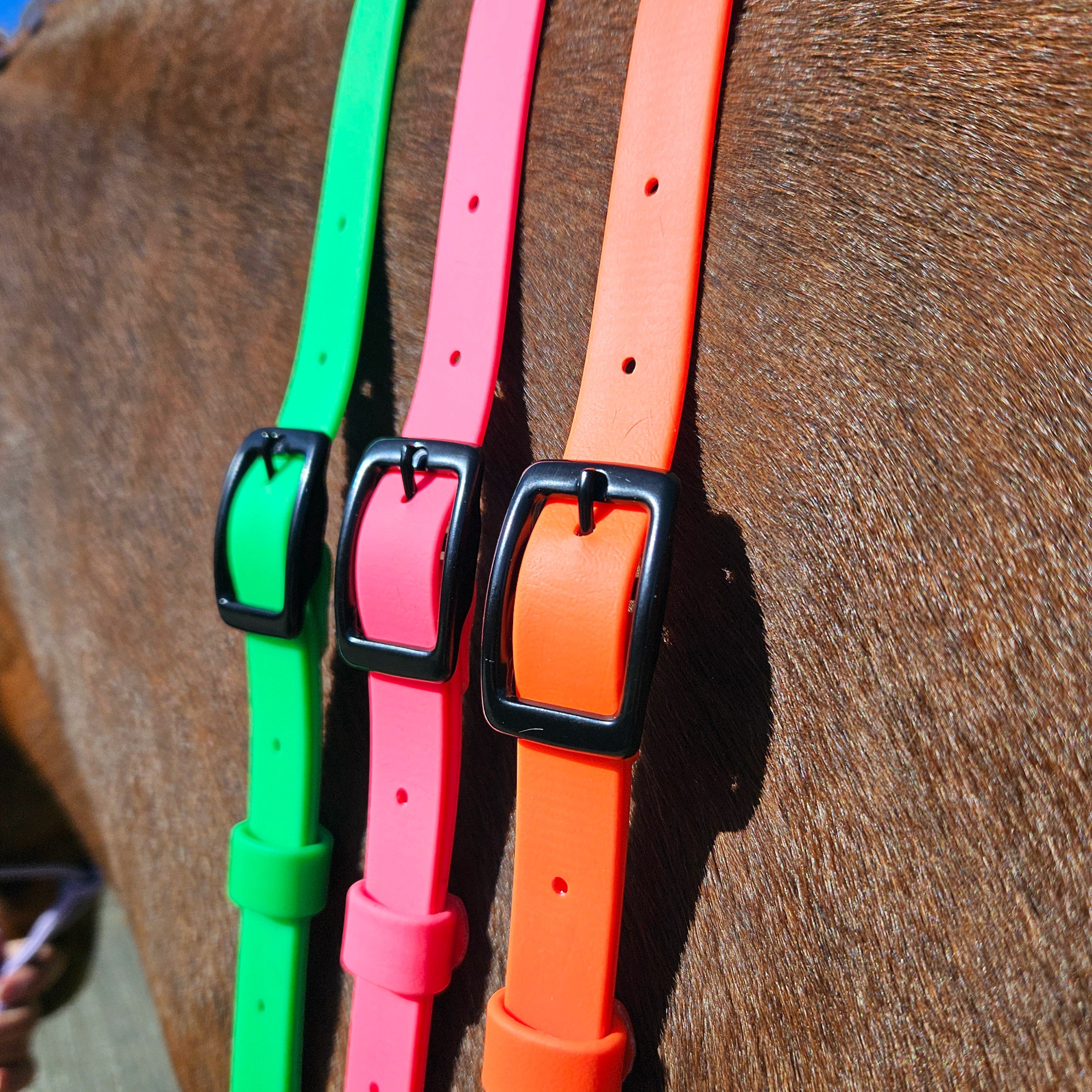 Ponies and Pups waterproof BioThane adjustable neck straps in neon green, hot pink, and orange with black buckles.