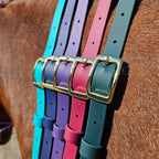 Ponies and Pups BioThane adjustable neck straps in teal, navy, purple, magenta, and dark green with gold buckles on a horse.
