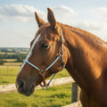 Handmade BioThane and rope horse headcollar, made to order in 21+ BioThane and 18+ rope colours with heavy-duty hardware (shown in light blue rope and brown BioThane).