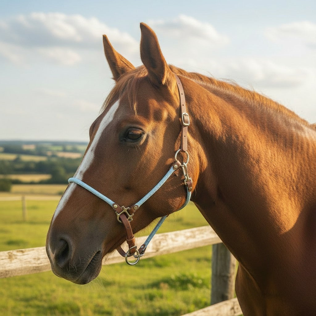 Handmade BioThane and rope horse headcollar, made to order in 21+ BioThane and 18+ rope colours with heavy-duty hardware (shown in light blue rope and brown BioThane).