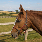 Ponies and Pups custom BioThane and rope horse headcollar in brown and red on a chestnut horse in a field.