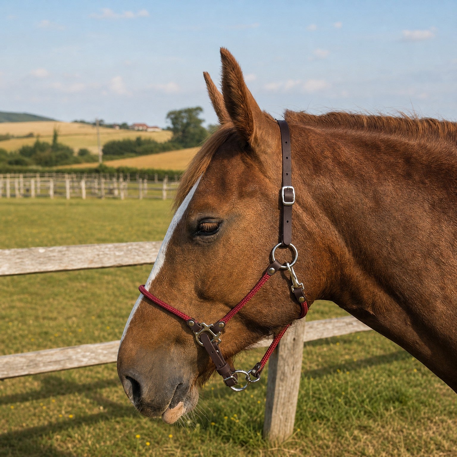 Ponies and Pups custom BioThane and rope horse headcollar in brown and red on a chestnut horse in a field.
