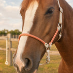 Ponies and Pups custom horse headcollar featuring peach rope and cream BioThane with stainless steel hardware
