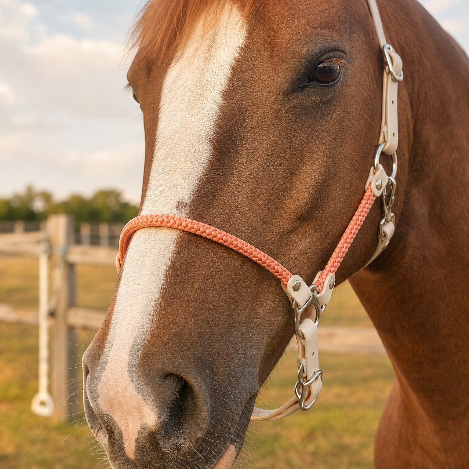 Ponies and Pups custom horse headcollar featuring peach rope and cream BioThane with stainless steel hardware
