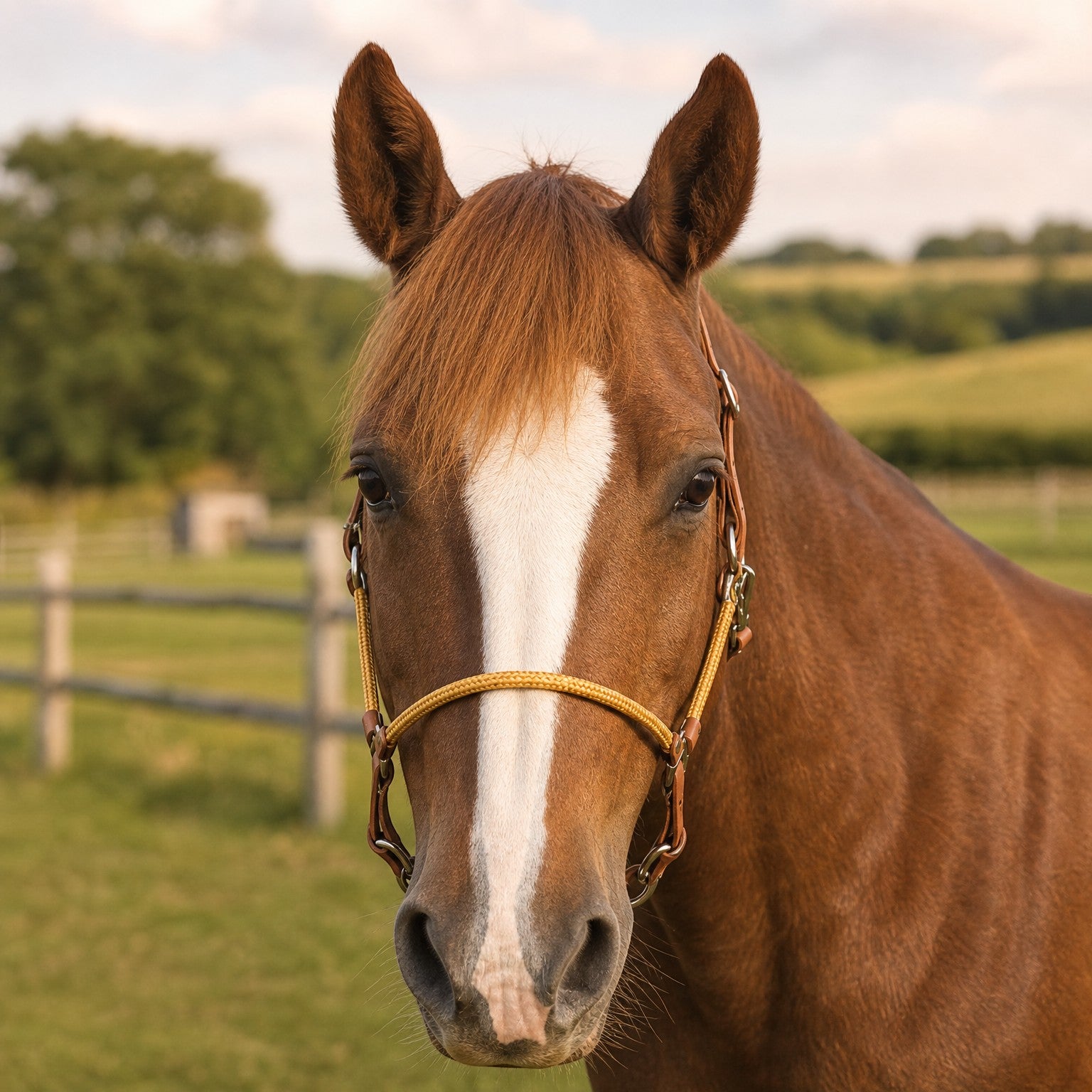 Ponies and Pups custom BioThane and rope headcollar on a chestnut horse in a field with stainless steel hardware