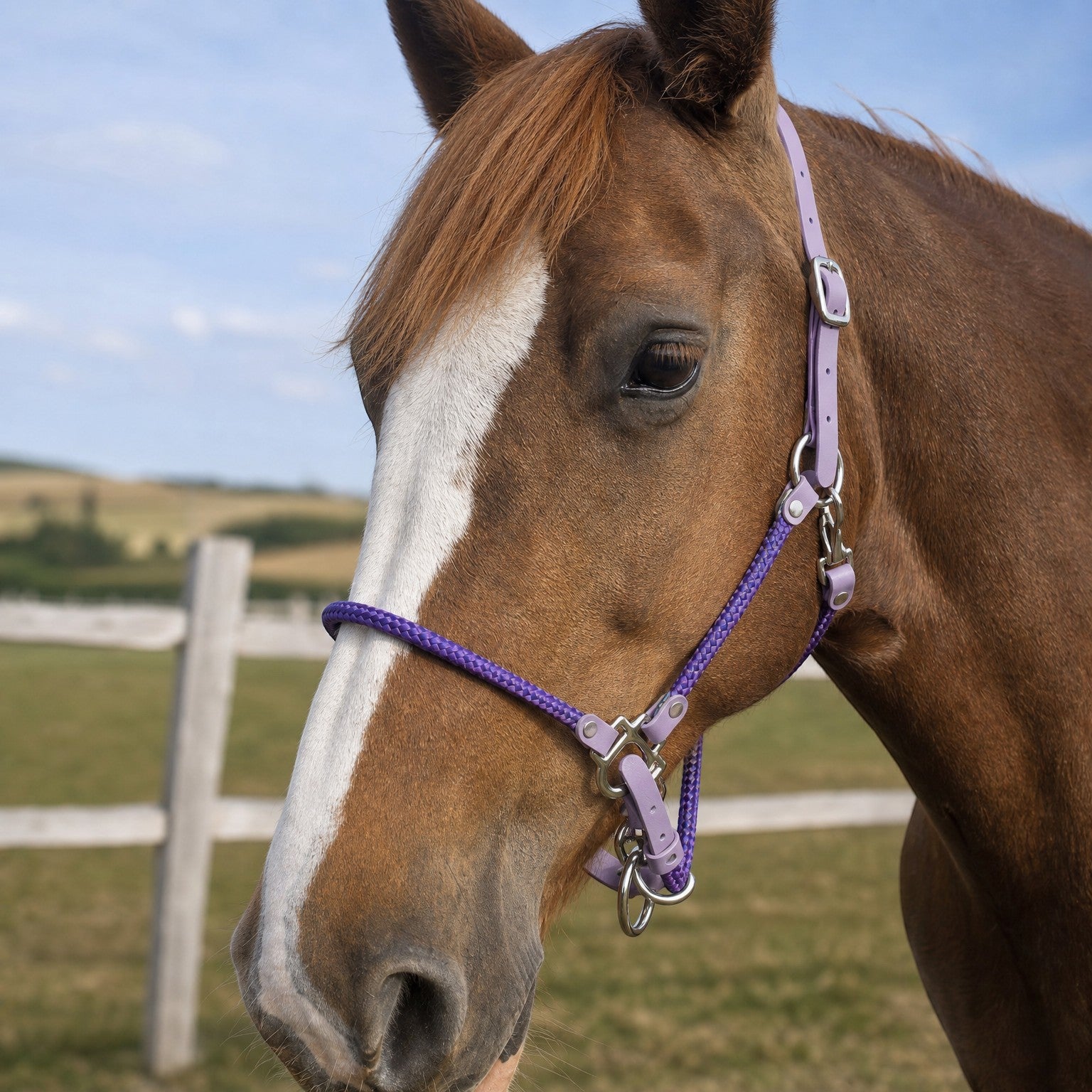 Ponies and Pups custom lilac BioThane and purple rope horse headcollar with stainless steel hardware on a bay horse.