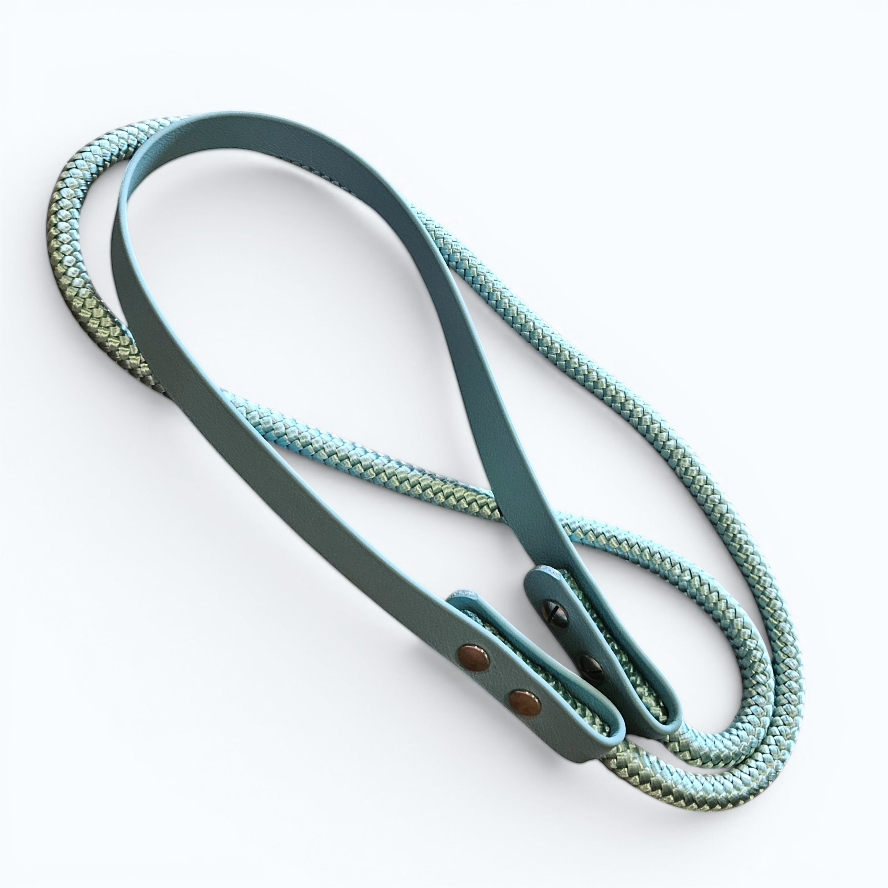 Ponies and Pups custom blue BioThane and rope liberty neck rope for bridleless horse riding with metal hardware.