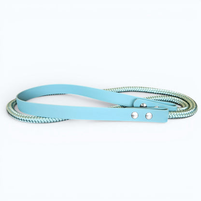 Ponies and Pups custom liberty neck rope with light blue BioThane handle and matching PPM rope for bridleless riding.