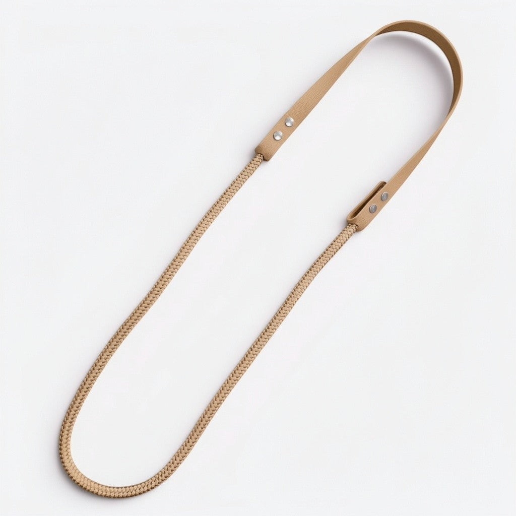 Ponies and Pups beige BioThane and rope liberty neck rope for bridleless horse riding with stainless steel hardware.