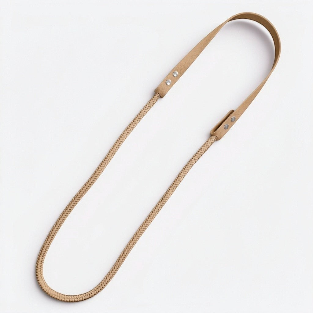 Ponies and Pups beige hybrid neck rope for bridleless riding featuring a durable BioThane grip and braided rope loop.