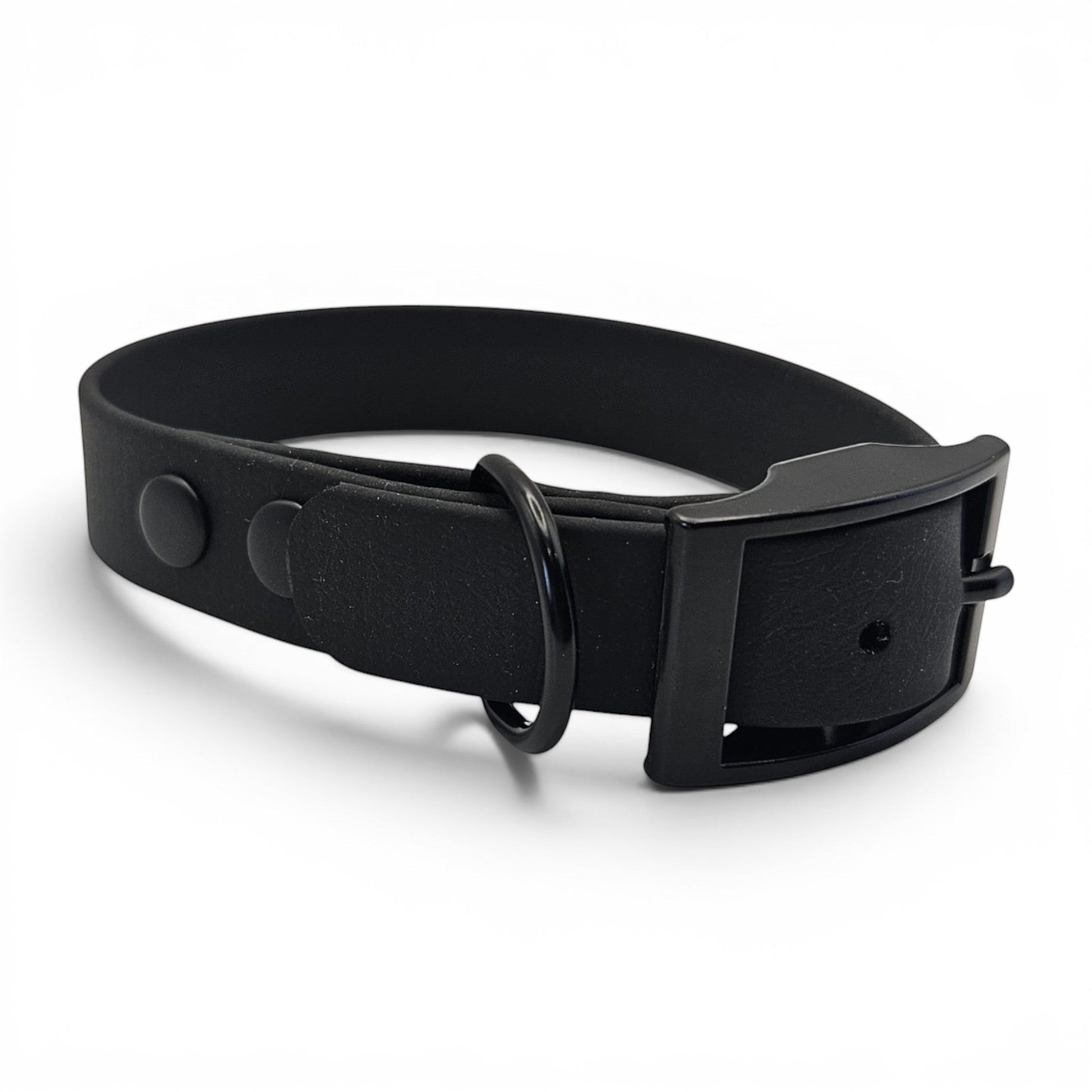Ponies and Pups black adjustable BioThane dog collar with black buckle and D-ring. Waterproof and stink-proof.