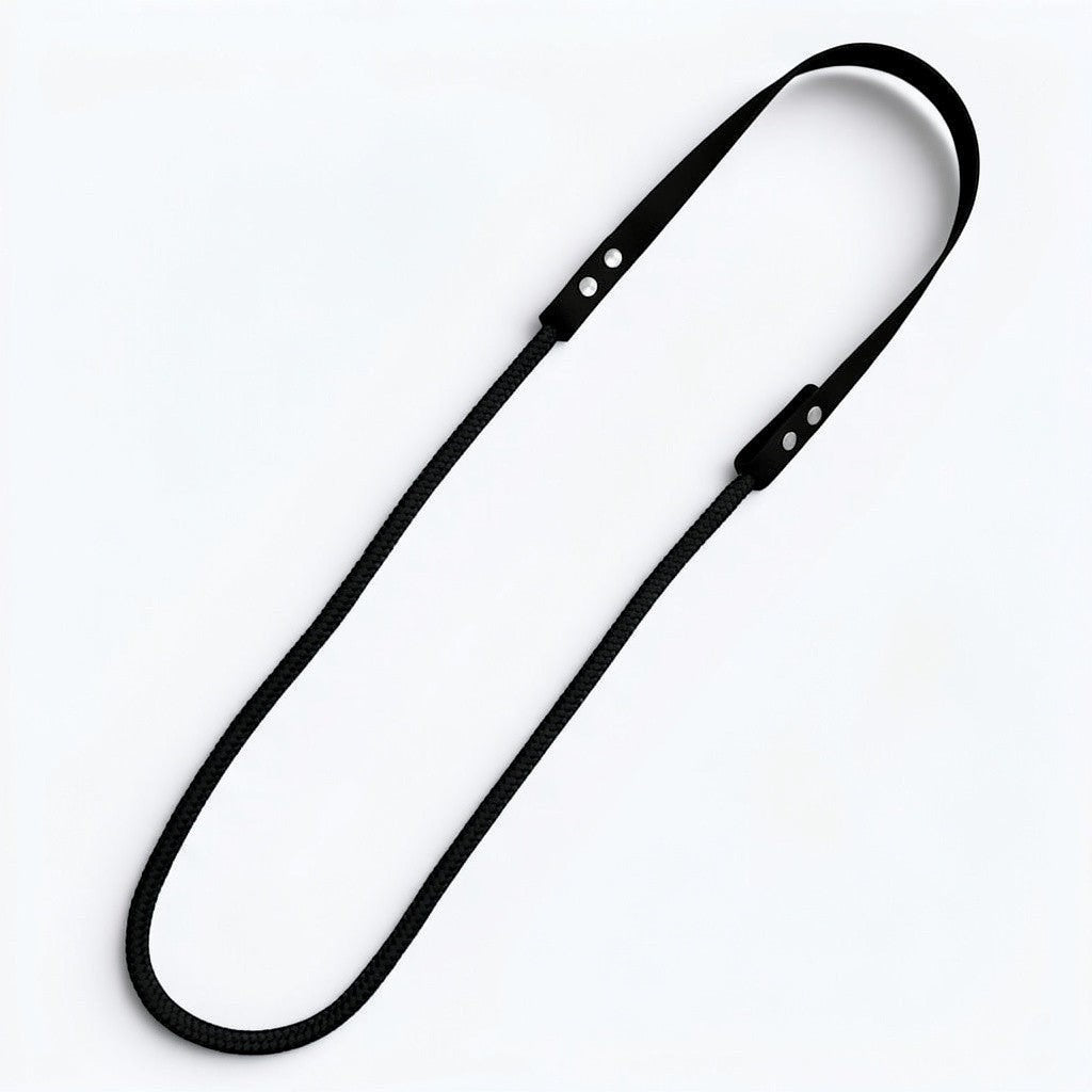 Ponies and Pups black hybrid neck rope for bridleless riding with a durable BioThane grip and weather-proof rope loop.