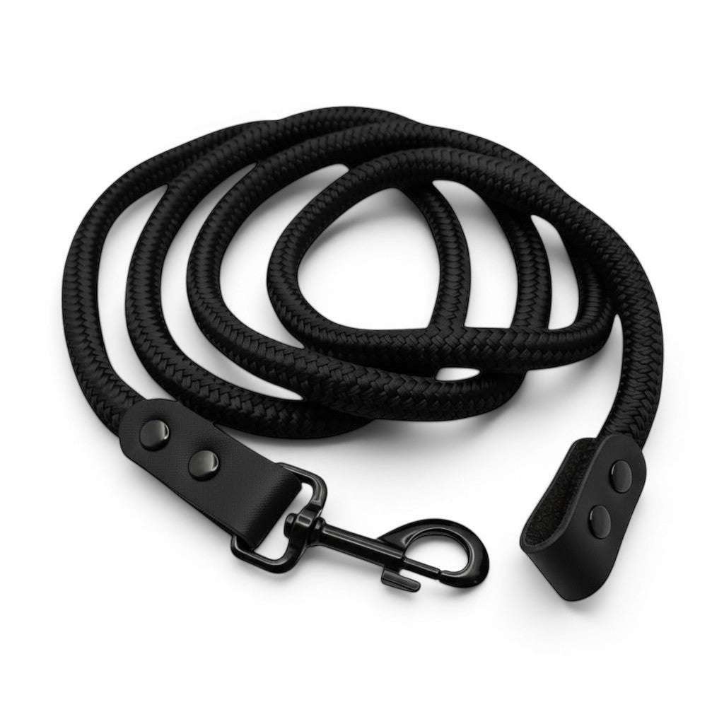 Ponies and Pups black double braided PPM lead rope with matching BioThane detailing and a sturdy metal clip.