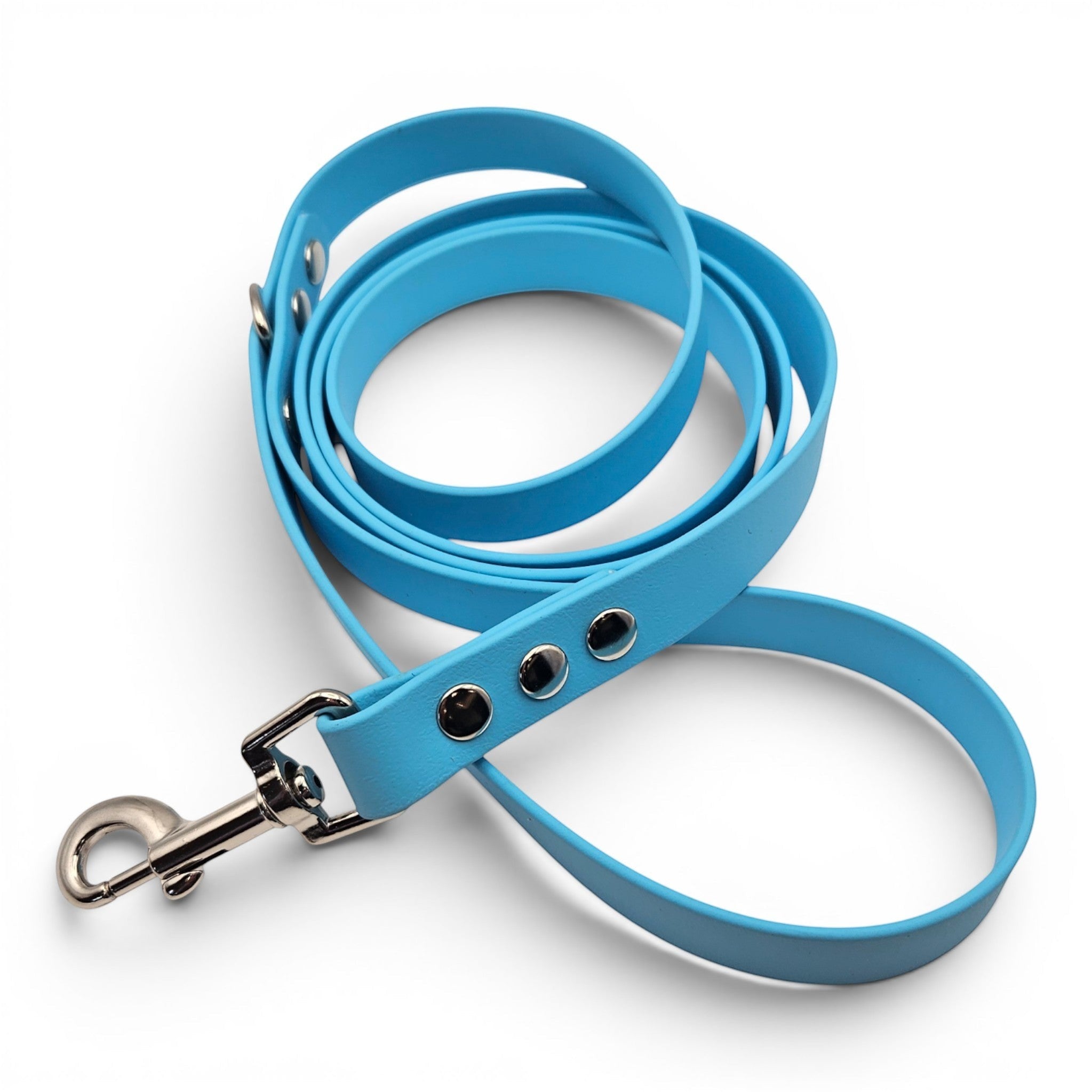 Ponies and Pups blue BioThane dog lead, waterproof and stink-proof, 150cm length, 16mm width, silver metal clasp.