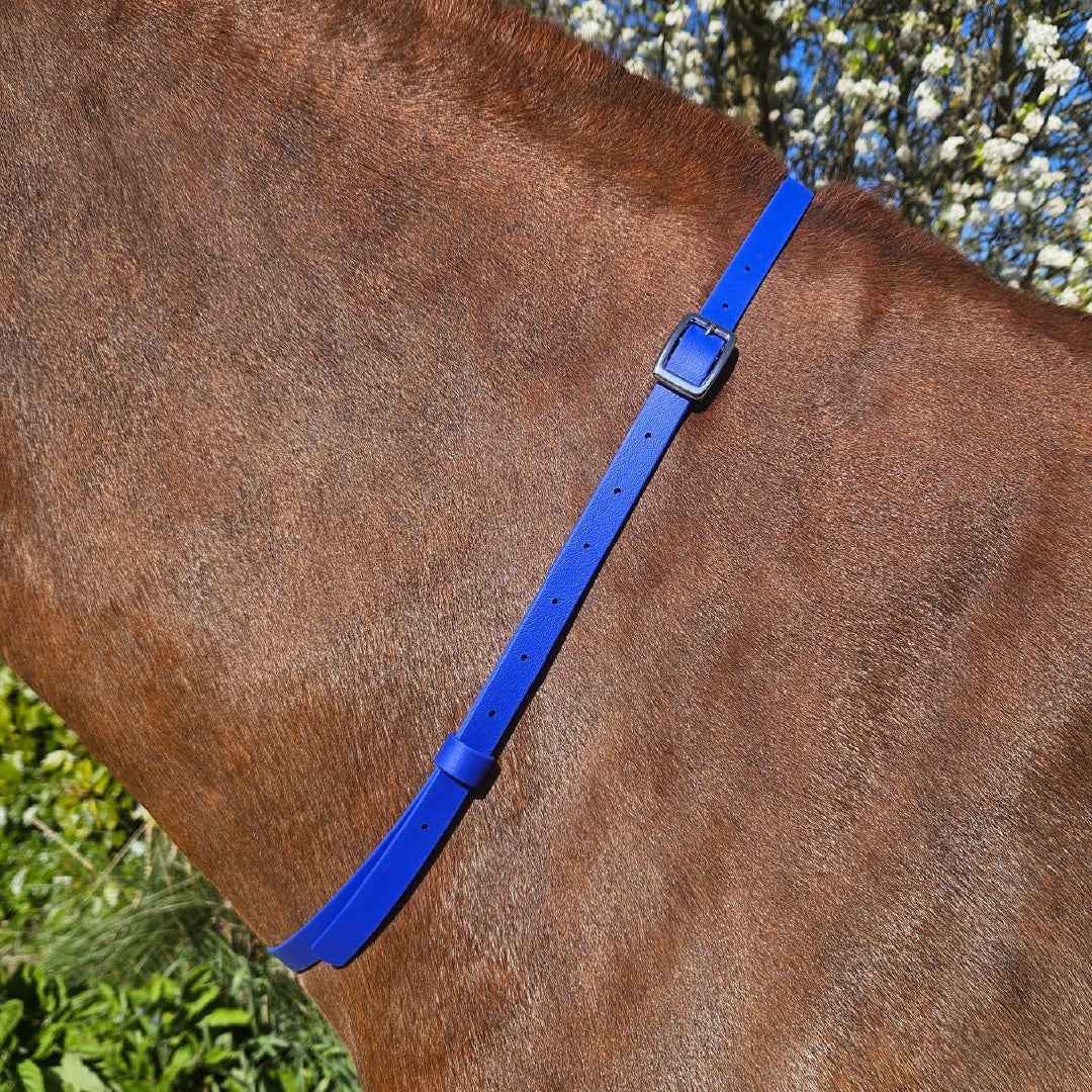 Ponies and Pups bright blue adjustable BioThane waterproof horse neck strap with silver buckle.