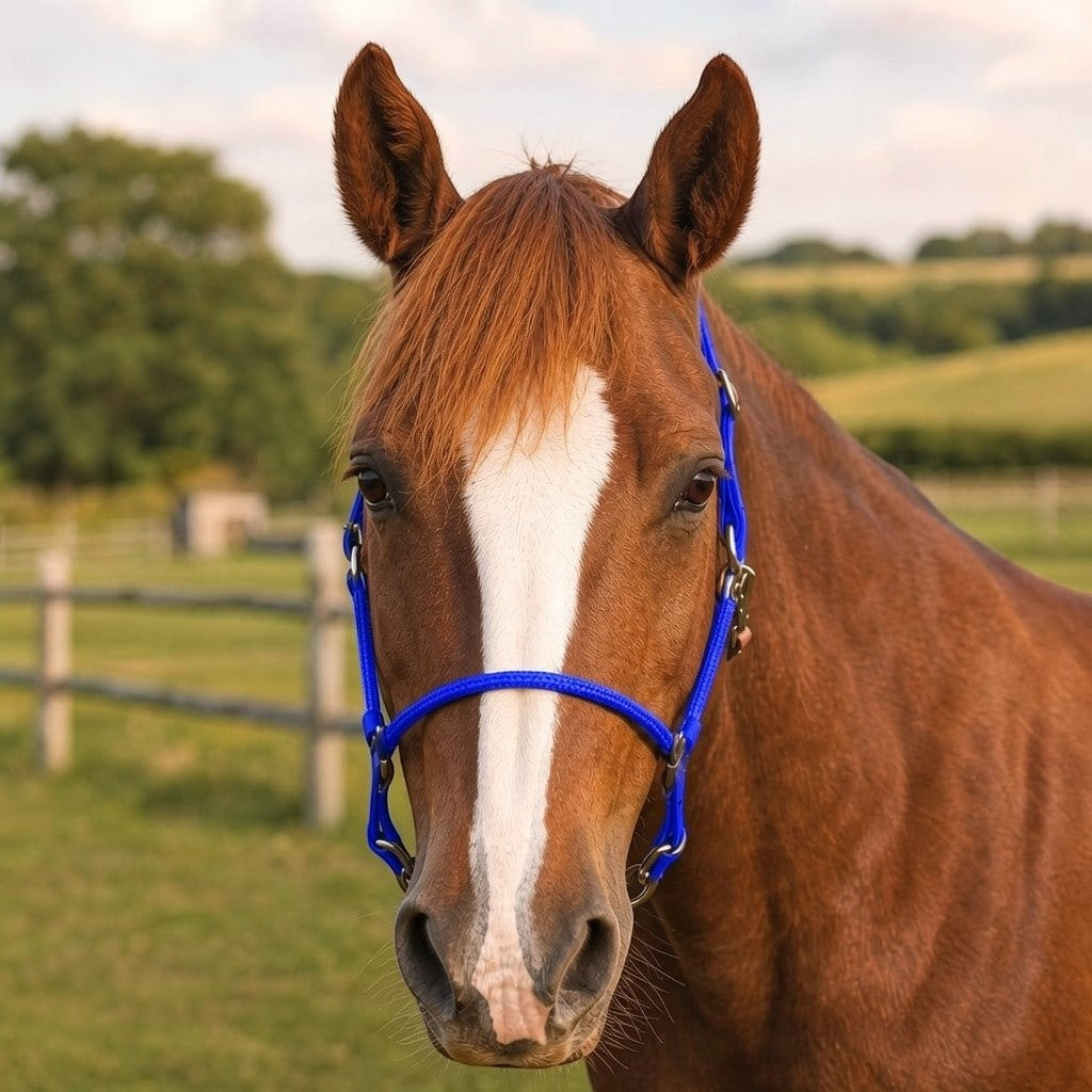 Ponies and Pups custom blue BioThane and rope headcollar on a chestnut horse in a field