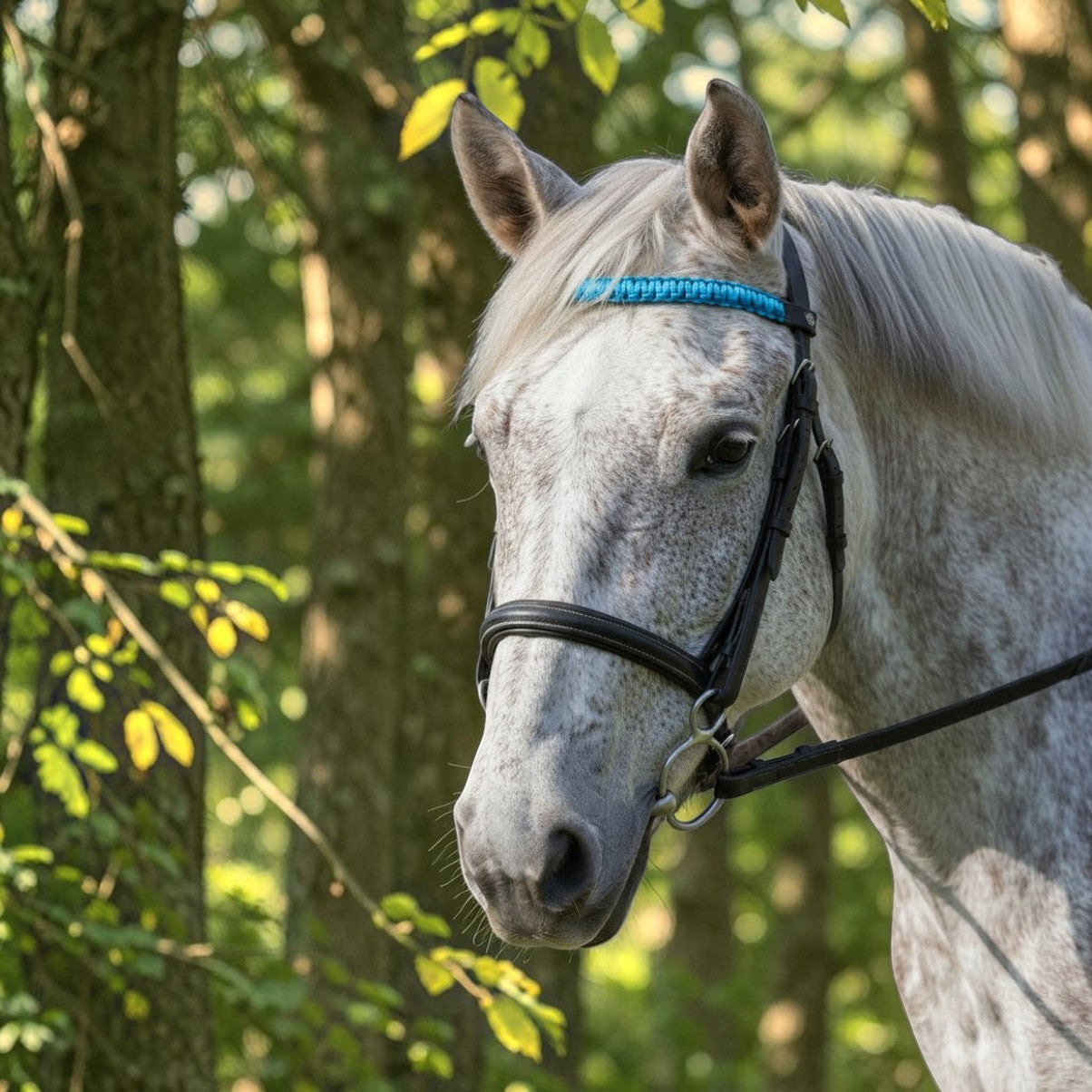 Handmade braided paracord and BioThane browband, made to order in up to three Endless Colours (shown in bright blue on a dapple grey horse).