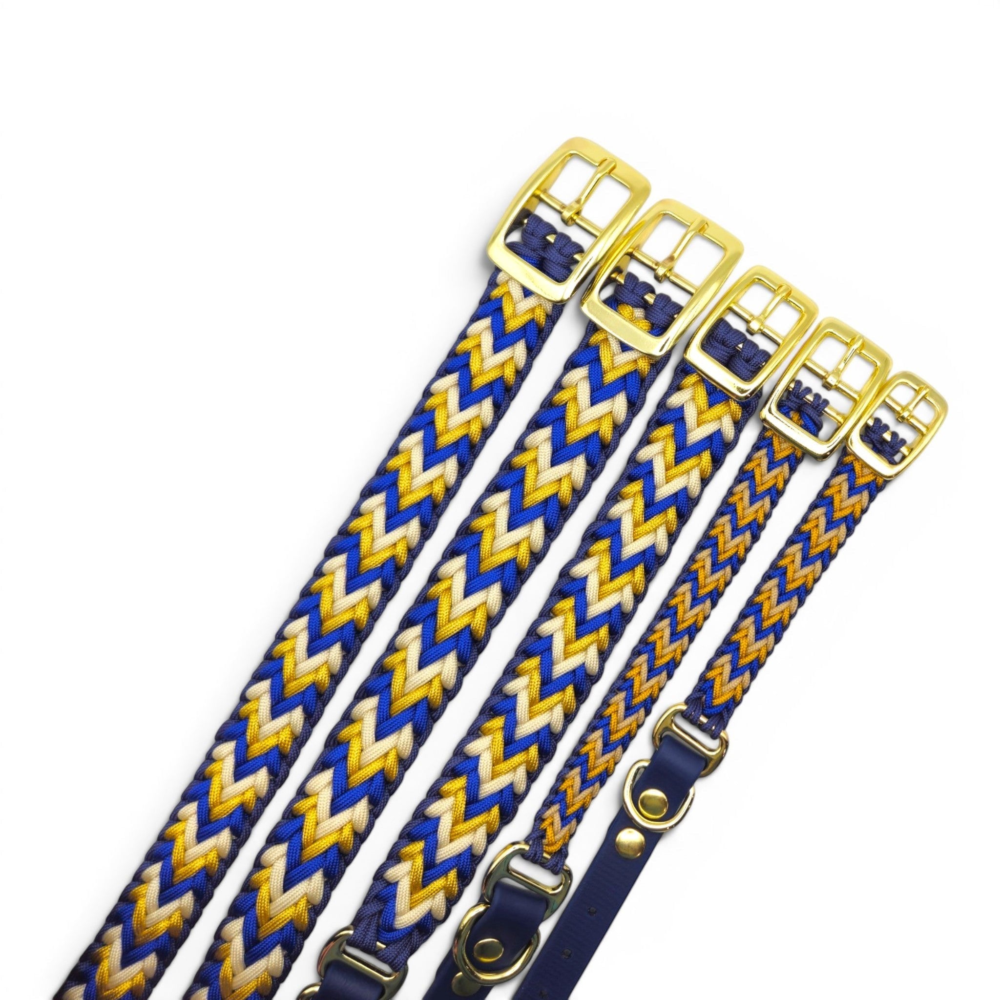 Ponies and Pups handmade braided dog collar in blue, yellow, and cream with gold buckle. Weatherproof BioThane and rope.
