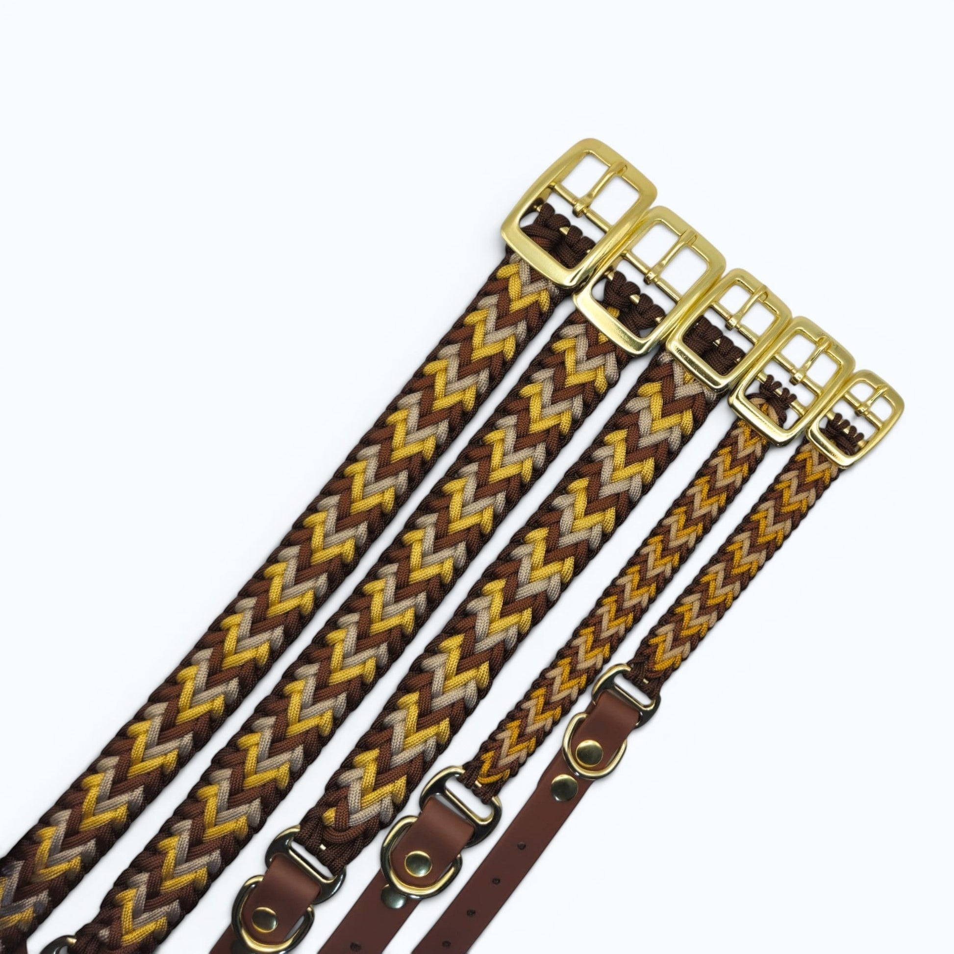 Ponies and Pups Wilmington handmade braided dog collar in brown, tan, and yellow. Weatherproof BioThane and rope with brass hardware.