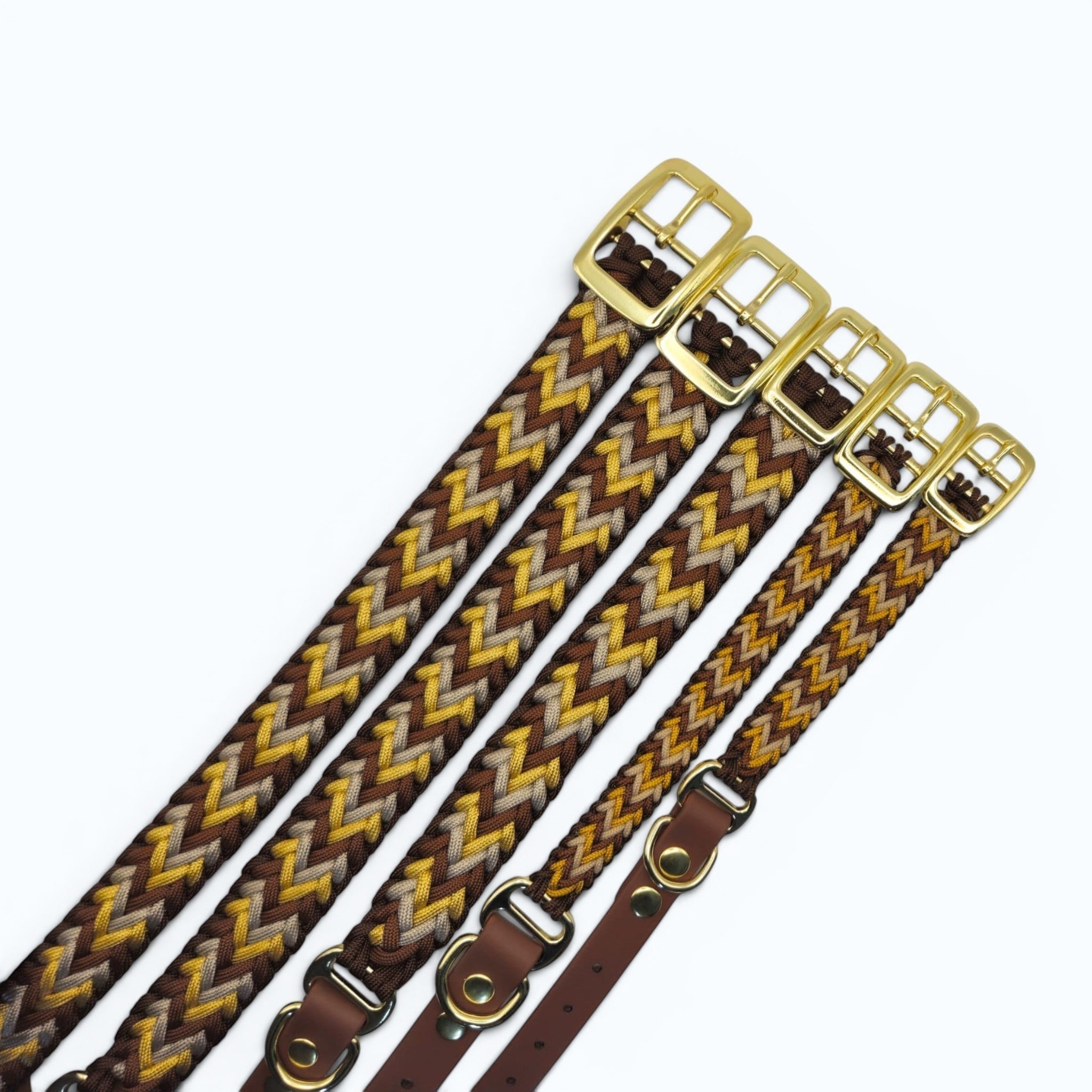 Ponies and Pups Wilmington handmade braided dog collar in brown, tan, and yellow. Weatherproof BioThane and rope with brass hardware.