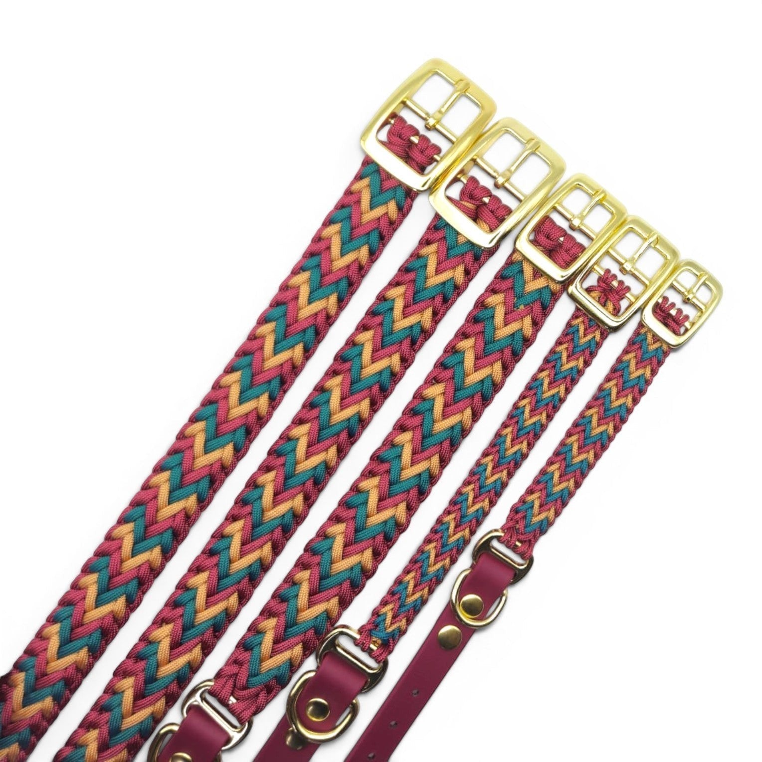 Ponies and Pups handmade braided dog collar in burgundy, teal, and gold with brass hardware. Weatherproof BioThane and rope.