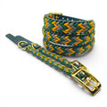 Ponies and Pups handmade braided dog collar in green, yellow, and grey with gold hardware. Weatherproof BioThane and rope.