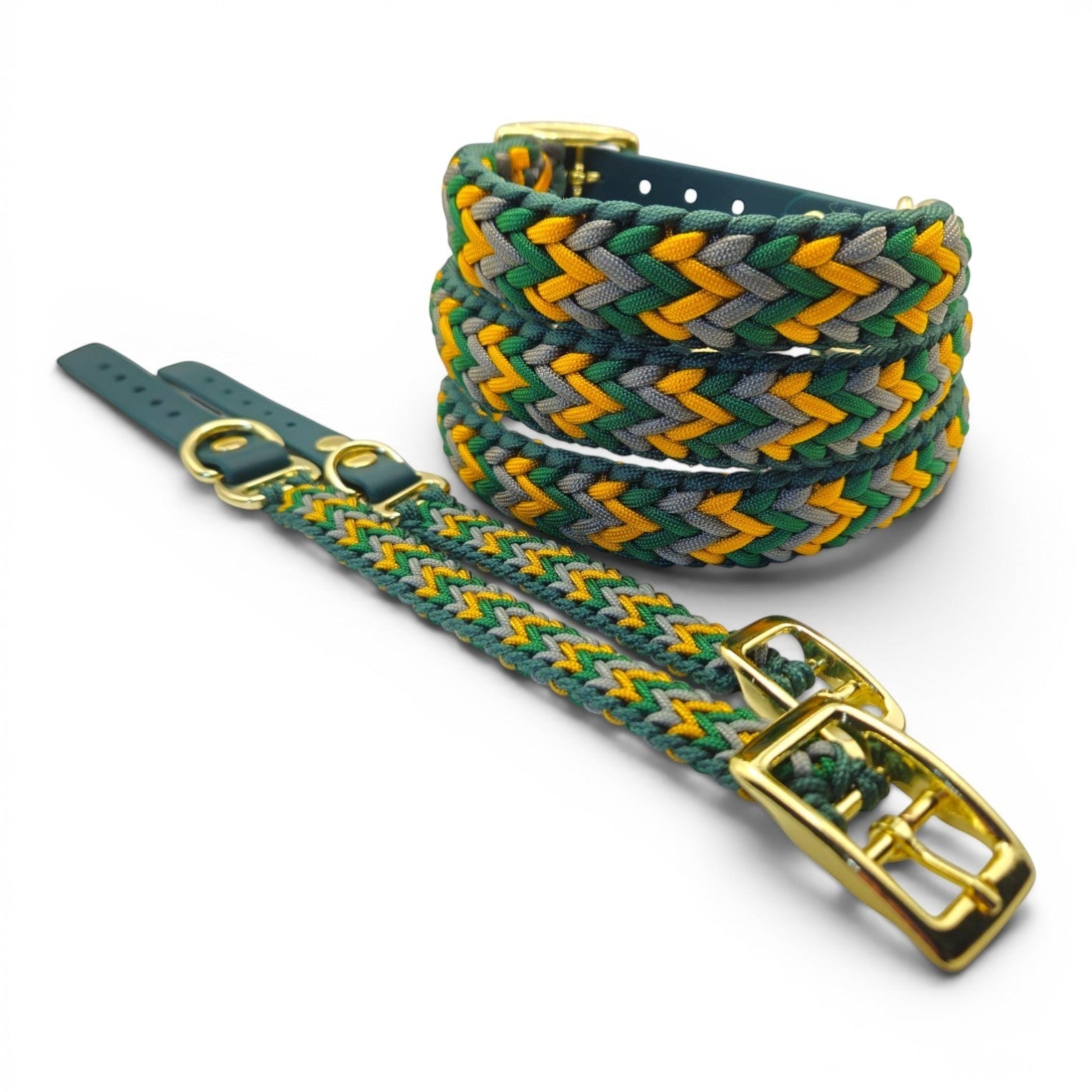 Ponies and Pups handmade braided dog collar in green, yellow, and grey with gold hardware. Weatherproof BioThane and rope.