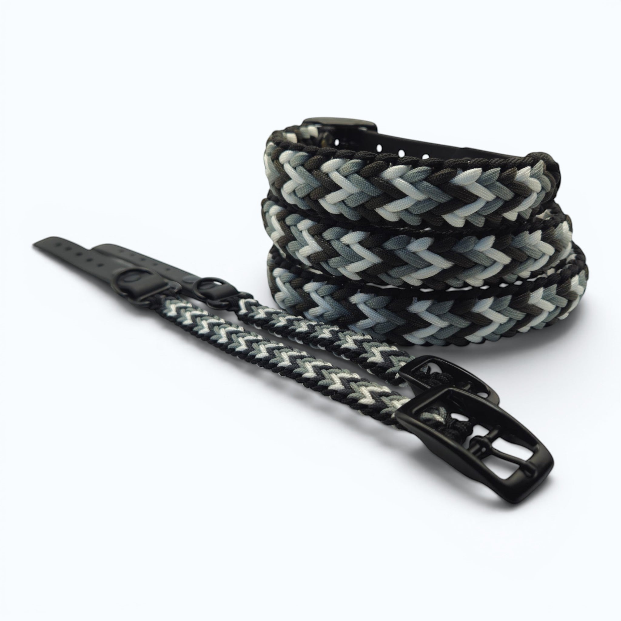 Ponies and Pups Wilmington braided dog collar in black, grey, and white. Weatherproof BioThane and rope construction.