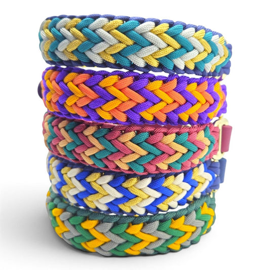 Ponies and Pups handmade braided dog collars in multicoloured BioThane and rope, weatherproof and durable.