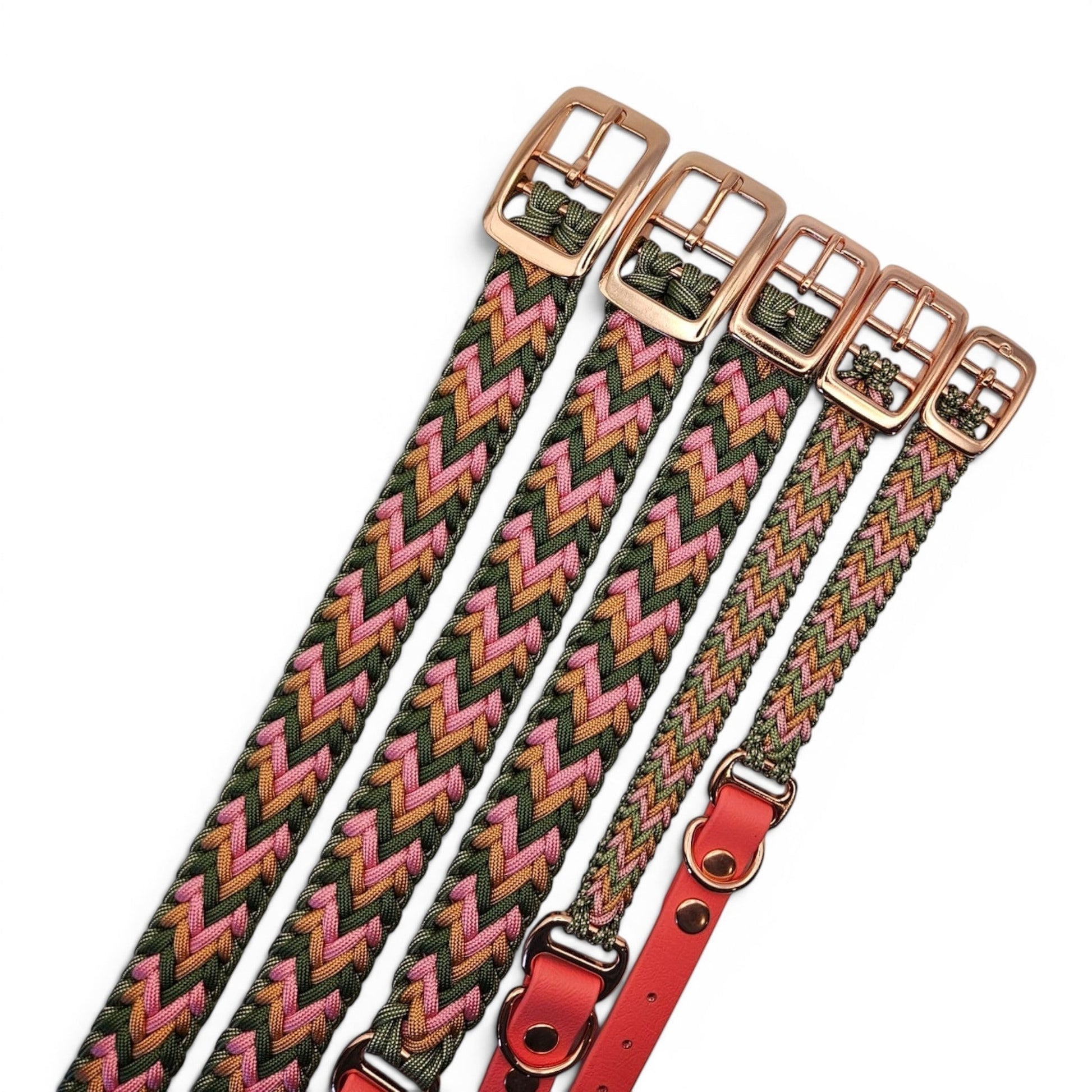 Ponies and Pups Wilmington handmade braided dog collar in pink, green, and tan with rose gold hardware. Weatherproof BioThane and rope.