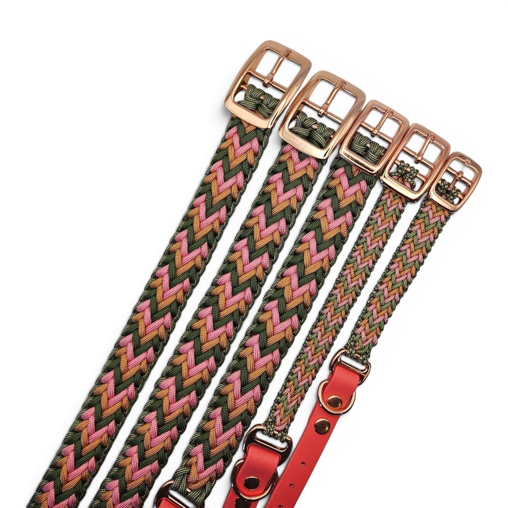 Ponies and Pups Wilmington handmade braided dog collar in pink, green, and tan with rose gold hardware. Weatherproof BioThane and rope.