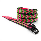 Ponies and Pups handmade braided dog collar in pink, green, white, and black BioThane and rope. Weatherproof and durable.