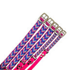 Ponies and Pups Wilmington handmade braided dog collar in purple, pink, and blue with silver buckle. Weatherproof BioThane.
