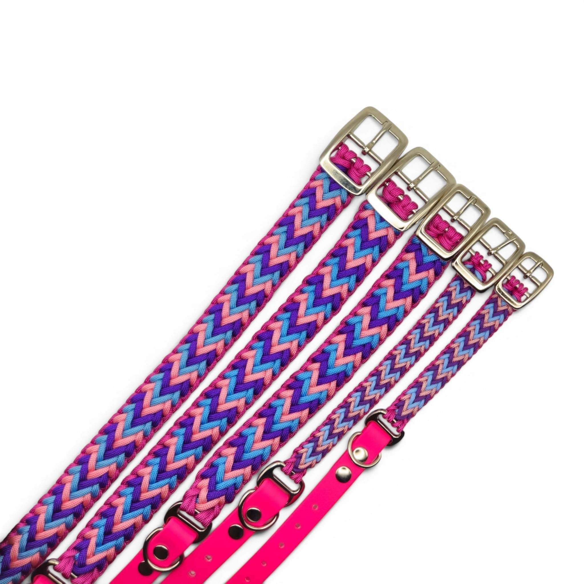 Ponies and Pups Wilmington handmade braided dog collar in purple, pink, and blue with silver buckle. Weatherproof BioThane.