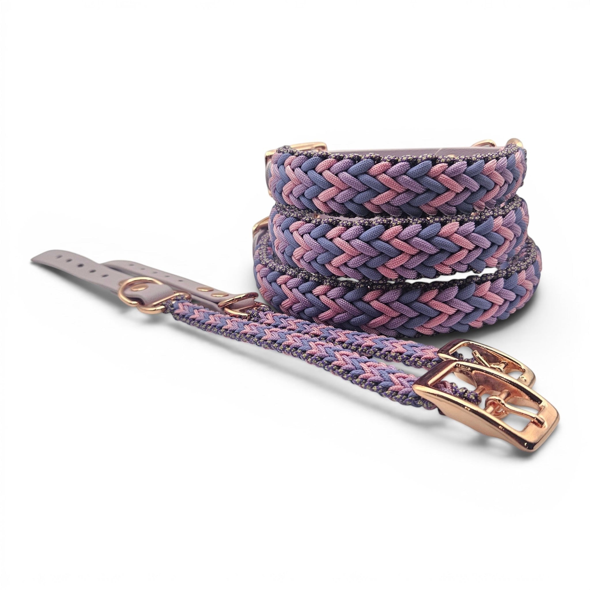 Ponies and Pups Wilmington braided dog collar in purple, pink, and grey with rose gold hardware. Weatherproof BioThane and rope.
