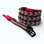 Ponies and Pups Wilmington handmade braided dog collar in red, grey, white, and black paracord with a red BioThane backing.